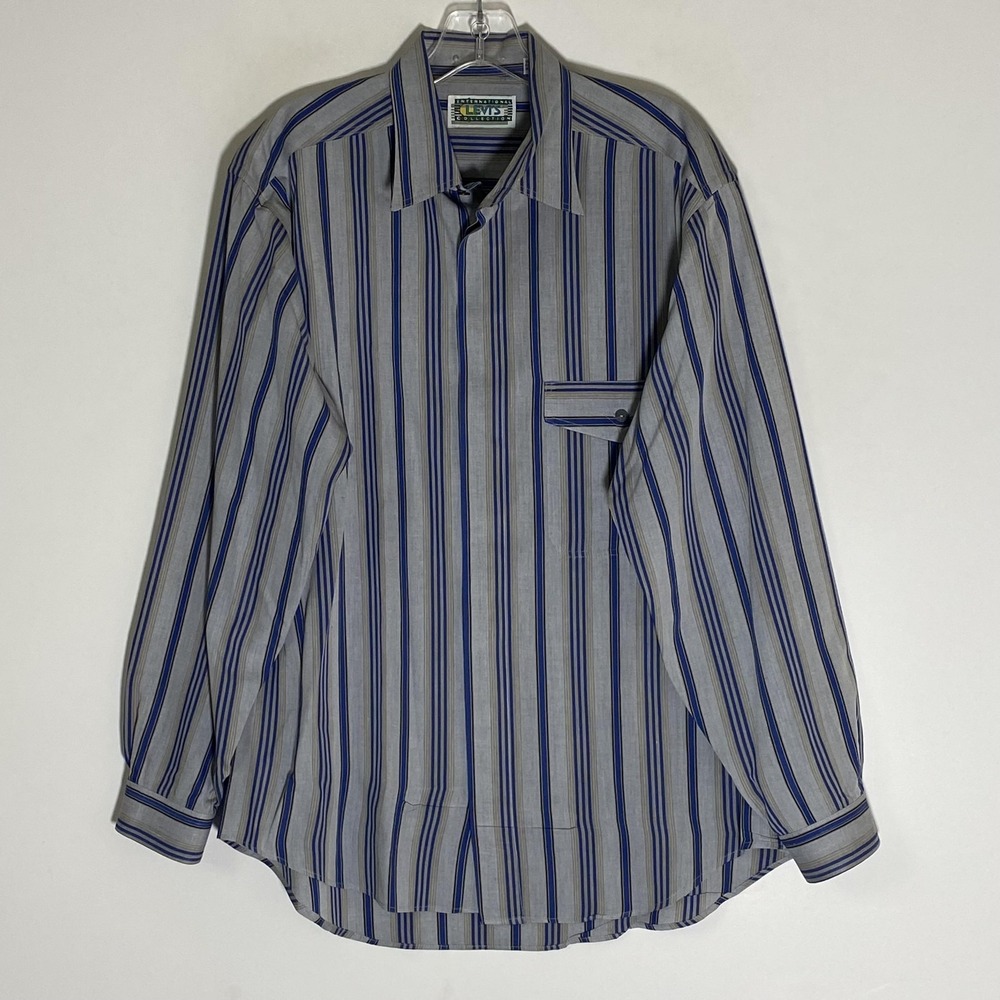 Vintage‎ Levi's Shirt Mens Large Gray Blue Striped Button Up Long Sleeve 90s
